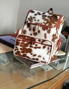 SYNY Genuine Cowhide Hair On Leather Backpack Travel Bag Tan White 15X13X7 Inch