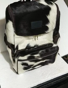 SYNY Genuine Cowhide Hair On Leather Backpack Travel Bag Brown White 15X13X7 In