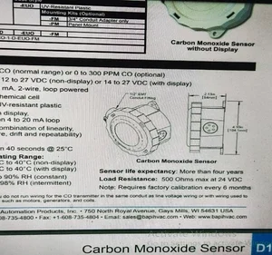 BAPI BA/420CO 24VDC 2Wire 4-20mA Carbon Monoxide Sensor Transmitter Control