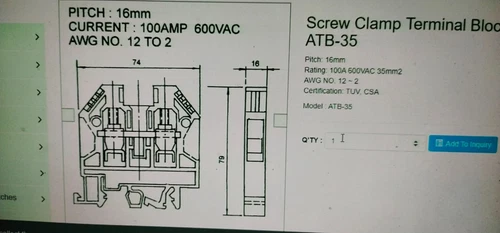 Auspicious ATB-35 Din Rail 115A 600V 35mm² 2Wire Screw Clamp Terminal Block